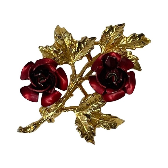 Red Roses Gold Tone Branch Brooch - Picture 1 of 7